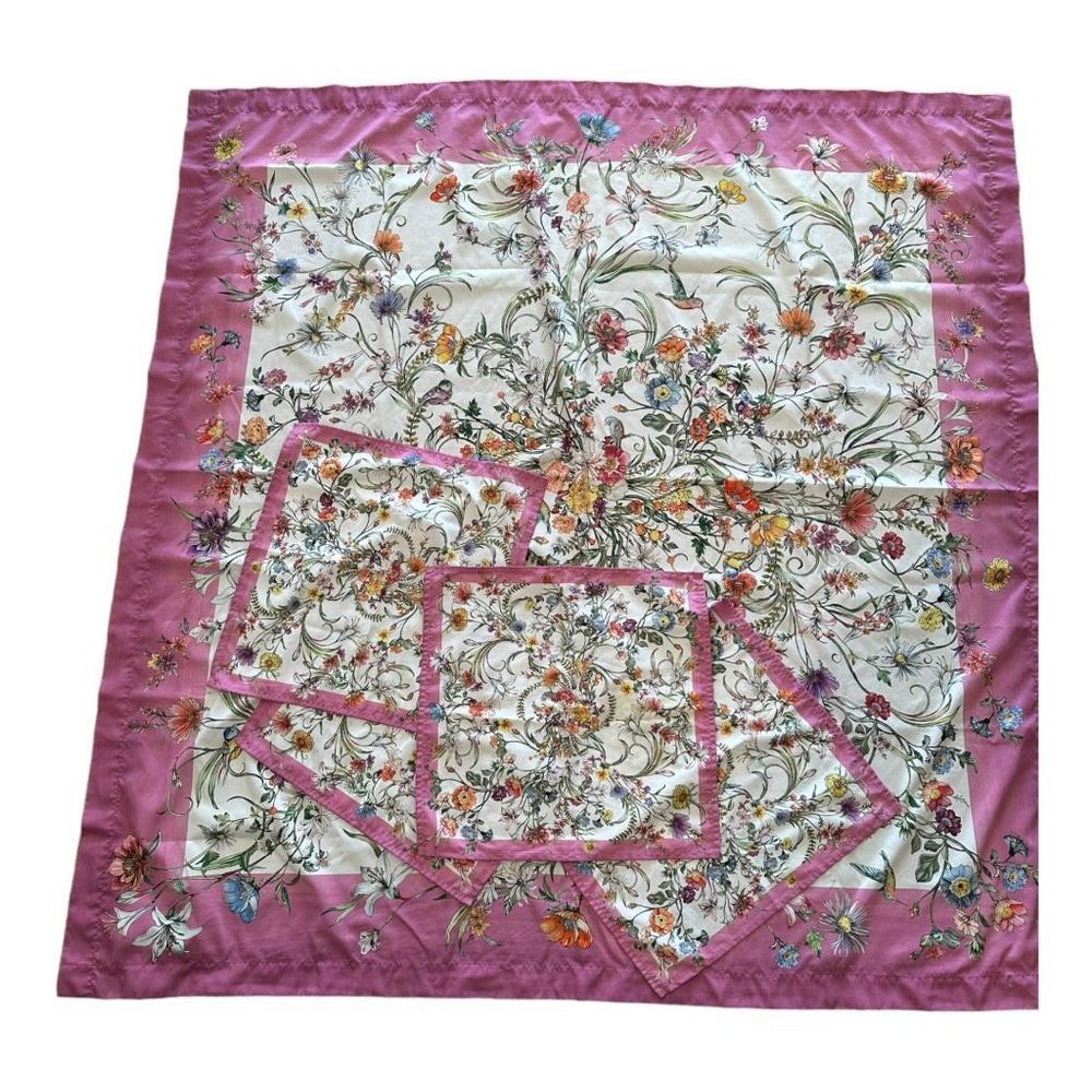 ZARA HOME square 60” table cloth with flowers and birds and 4 cloth napkins